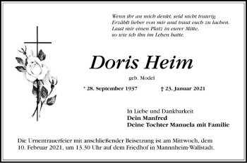 Traueranzeige von Doris Heim von Mannheimer Morgen