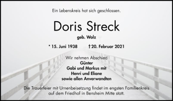 Traueranzeige von Doris Streck von Bergsträßer Anzeiger