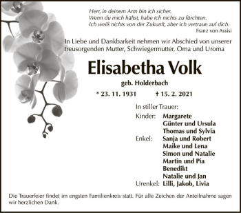 Traueranzeige von Elisabetha Vol von Fränkische Nachrichten