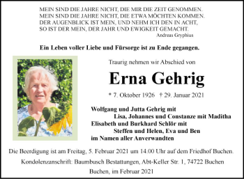 Traueranzeige von Erna Gehrig von Fränkische Nachrichten