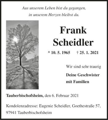 Traueranzeige von Frank Scheidler von Fränkische Nachrichten