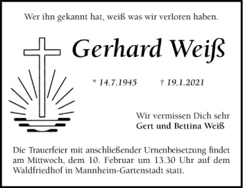 Traueranzeige von Gerhard Weiß von Mannheimer Morgen