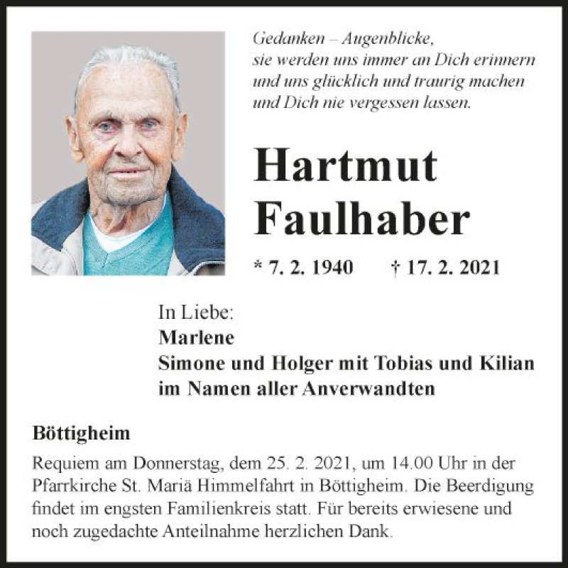  Traueranzeige für Hartmut Faulhaber vom 22.02.2021 aus Fränkische Nachrichten