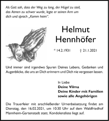 Traueranzeige von Helmut Hennhöfer von Mannheimer Morgen