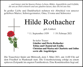 Traueranzeige von Hilde Rothacher von Schwetzinger Zeitung