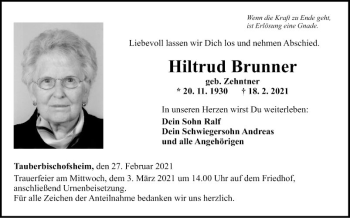 Traueranzeige von Hiltrud Brunner von Fränkische Nachrichten