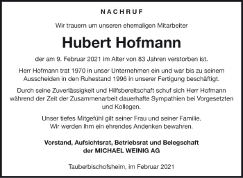 Traueranzeige von Hubert Hofmann von Fränkische Nachrichten