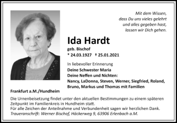 Traueranzeige von Ida Hardt von Fränkische Nachrichten