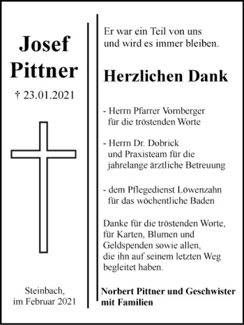 Traueranzeige von Josef Pittner von Fränkische Nachrichten