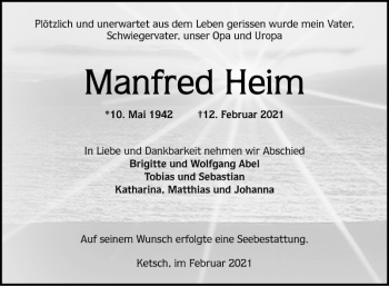 Traueranzeige von Manfred Heim von Schwetzinger Zeitung