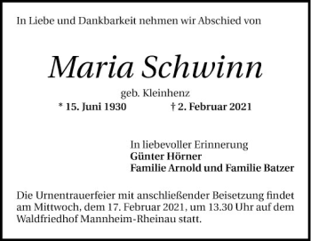 Traueranzeige von Maria Schwinn von Mannheimer Morgen