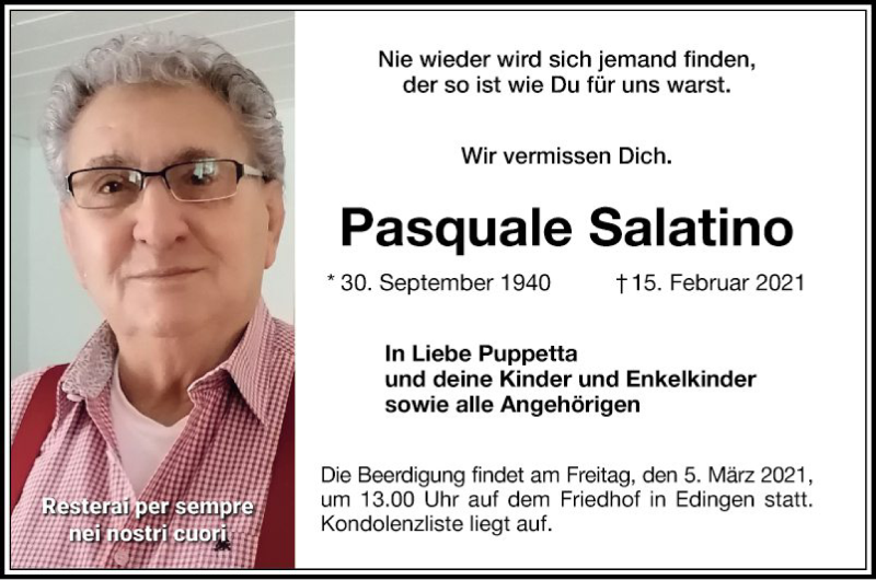  Traueranzeige für Pasquale Salatino vom 27.02.2021 aus Mannheimer Morgen