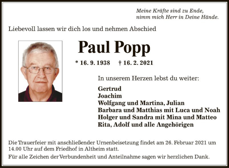  Traueranzeige für Paul Popp vom 18.02.2021 aus Fränkische Nachrichten