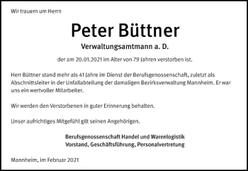 Traueranzeige von Peter Büttner von Mannheimer Morgen