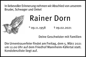 Traueranzeige von Rainer Dorn von Mannheimer Morgen