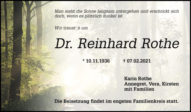  Traueranzeige für Reinhard Rothe vom 09.02.2021 aus Mannheimer Morgen