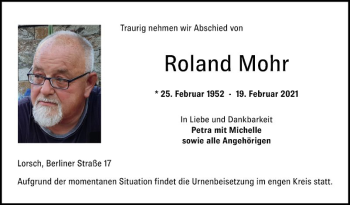 Traueranzeige von Roland Mohr von Bergsträßer Anzeiger