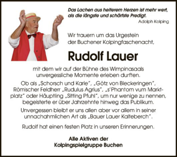 Traueranzeige von Rudolf Lauer von Fränkische Nachrichten