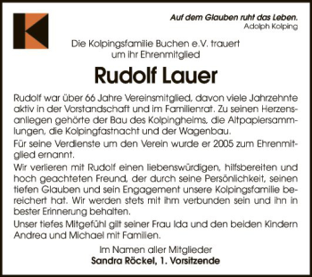 Traueranzeige von Rudolf Lauer von Fränkische Nachrichten