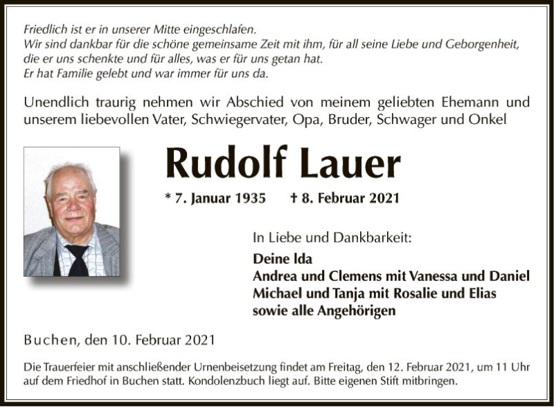  Traueranzeige für Rudolf Lauer vom 10.02.2021 aus Fränkische Nachrichten