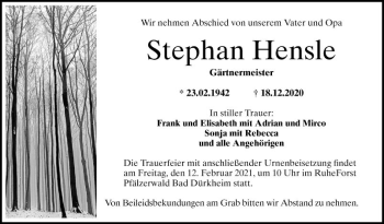 Traueranzeige von Stephan Hensle von Mannheimer Morgen