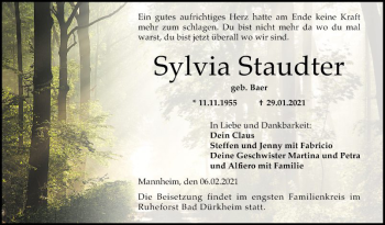 Traueranzeige von Sylvia Staudter von Mannheimer Morgen