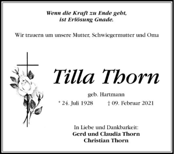 Traueranzeige von Tilla Thorn von Schwetzinger Zeitung