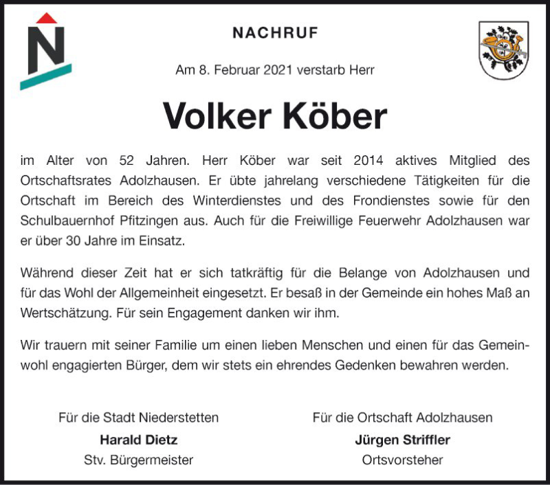  Traueranzeige für Volker Köber vom 11.02.2021 aus Fränkische Nachrichten