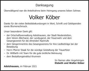 Traueranzeige von Volker Köber von Fränkische Nachrichten