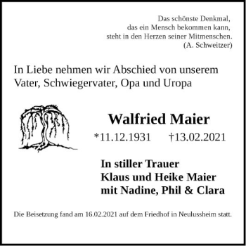 Traueranzeige von Walfried Maier von Schwetzinger Zeitung