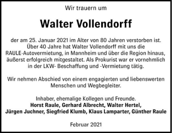 Traueranzeige von Walter Vollendorff von Mannheimer Morgen