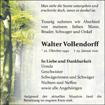 Traueranzeige von Walter Vollendorff von Mannheimer Morgen