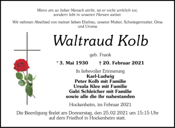 Traueranzeige von Waltraud Kolb von Schwetzinger Zeitung