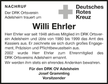 Traueranzeige von Willi Ehrler von Fränkische Nachrichten
