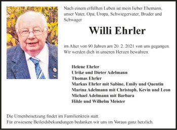 Traueranzeige von Willi Ehrler von Fränkische Nachrichten