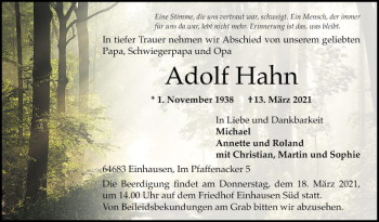 Traueranzeige von Adolf Hahn von Bergsträßer Anzeiger