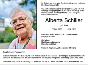 Traueranzeige von Alberta Schiller von Fränkische Nachrichten