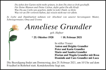 Traueranzeige von Anneliese Grundler von Schwetzinger Zeitung