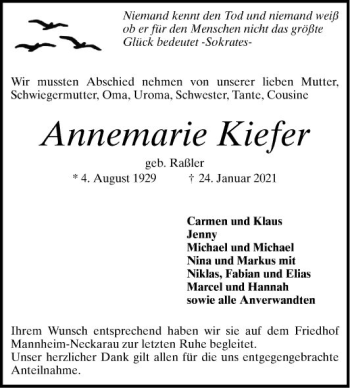 Traueranzeige von Annemarie Kiefer von Mannheimer Morgen