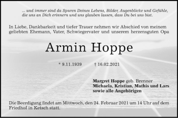 Traueranzeige von Armin Hoppe von Schwetzinger Zeitung