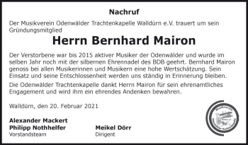 Traueranzeige von Bernhard Mairon von Fränkische Nachrichten