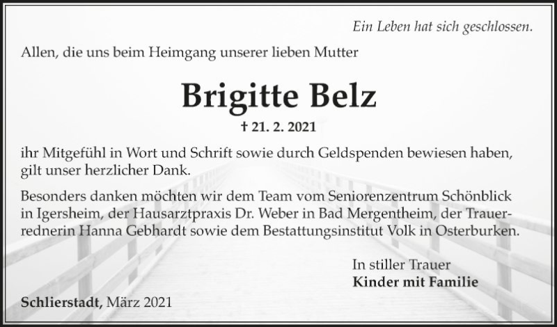  Traueranzeige für Brigitte Belz vom 13.03.2021 aus Fränkische Nachrichten
