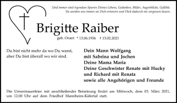 Traueranzeige von Brigitte Raiber von Mannheimer Morgen