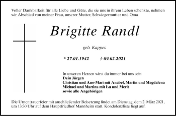 Traueranzeige von Brigitte Randl von Mannheimer Morgen