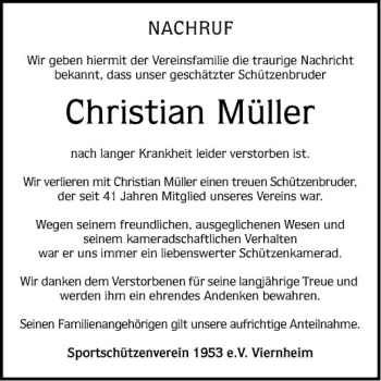 Traueranzeige von Christian Müller von Südhessen Morgen
