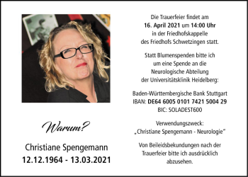 Traueranzeige von Christiane Spengermann von Schwetzinger Zeitung