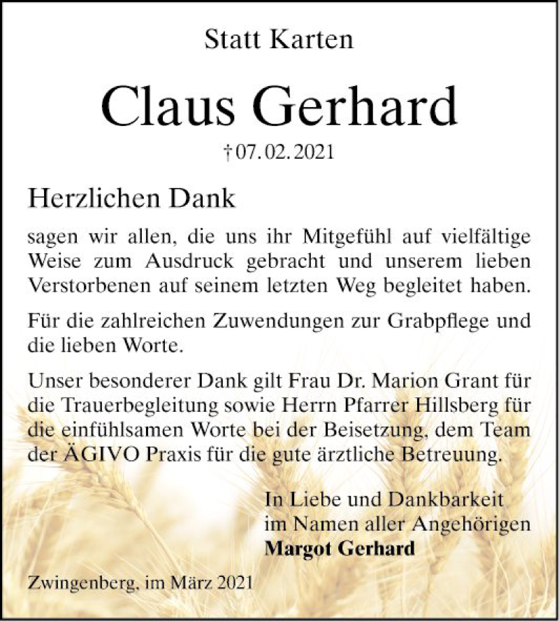  Traueranzeige für Claus Gerhard vom 20.03.2021 aus Bergsträßer Anzeiger