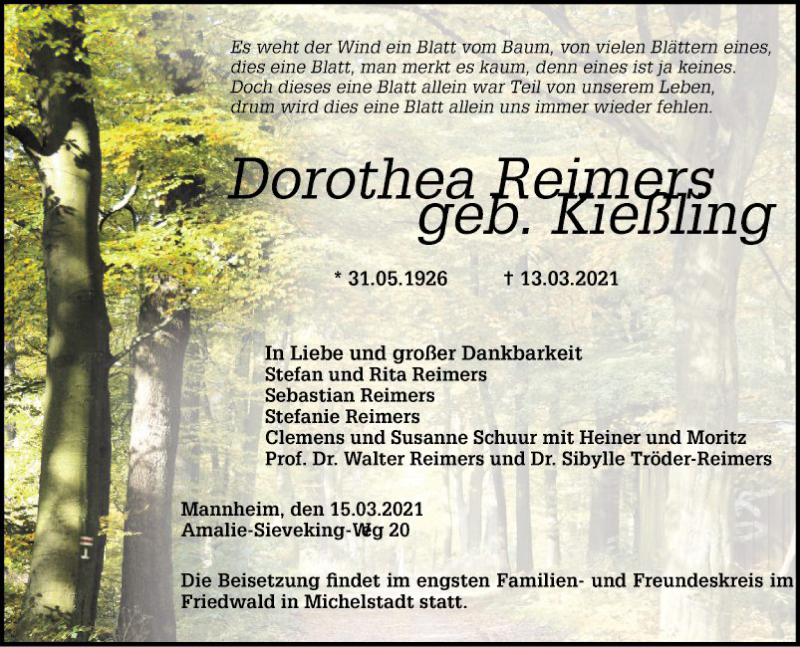  Traueranzeige für Dorothea Reimers vom 17.03.2021 aus Mannheimer Morgen