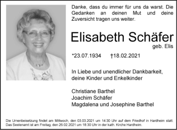 Traueranzeige von Elisabeth Schäfer von Fränkische Nachrichten
