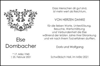 Traueranzeige von Else Dombacher von Fränkische Nachrichten
